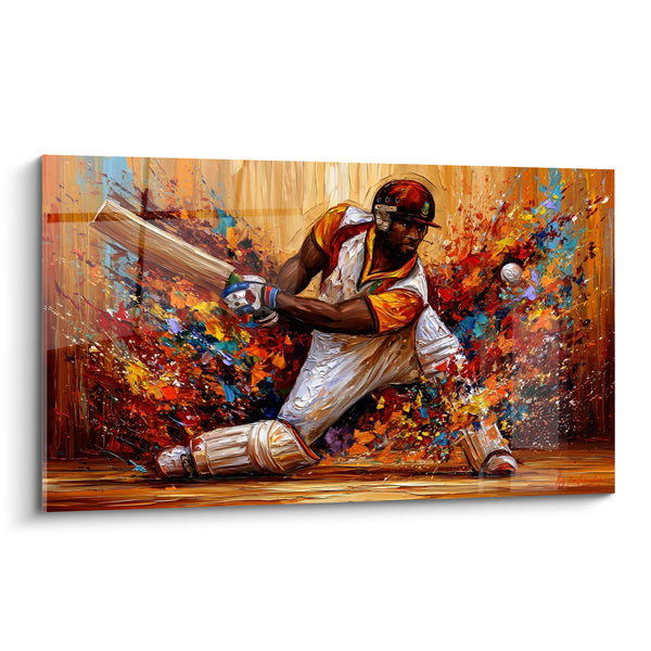 Tableau Batteur casqué rouge et orange genou fléchi - Fond de lattes ambrées - Edition Cricket