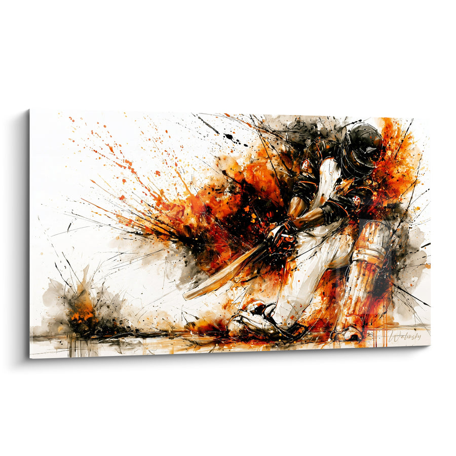 Tableau Batteur casqué éclaboussures orange et noir - Fulgurance sportive - Edition Cricket