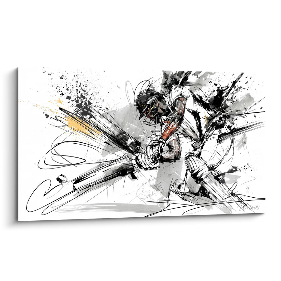 Tableau Batteur noir et blanc éclats ocre - Frappe fulgurante - Edition Cricket