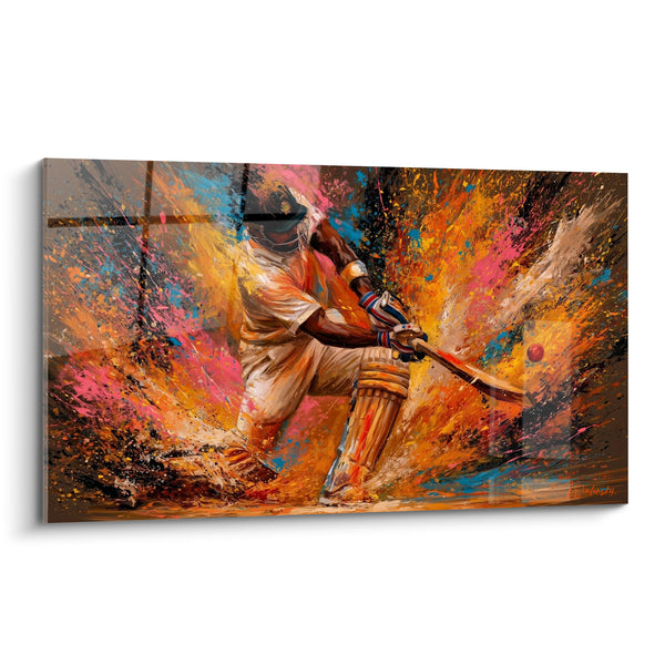 Tableau Batteur en action éclats orange et rose - Frappe explosive - Edition Cricket