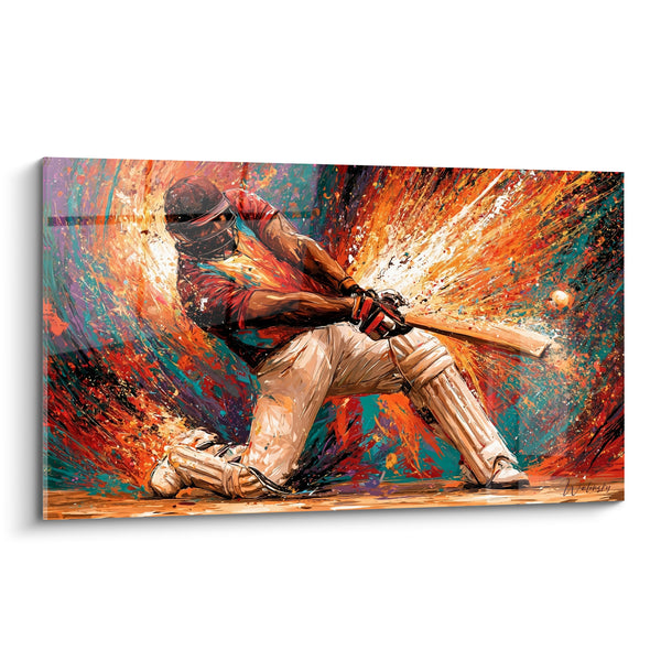 Tableau Batteur rouge et turquoise au genou fléchi - Explosion de peinture radiale - Edition Cricket