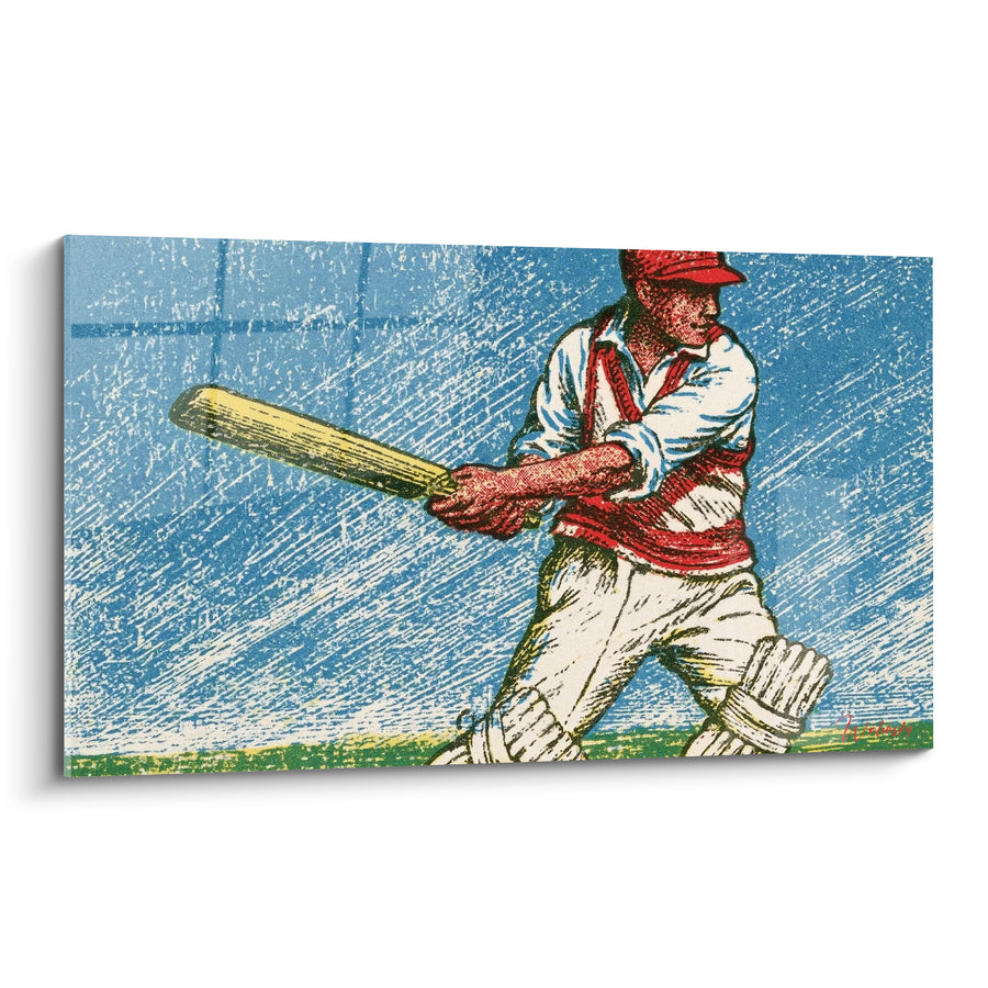 Tableau Batteur casqué rouge et blanc au style vintage - Hachures bleu ciel gravées - Edition Cricket