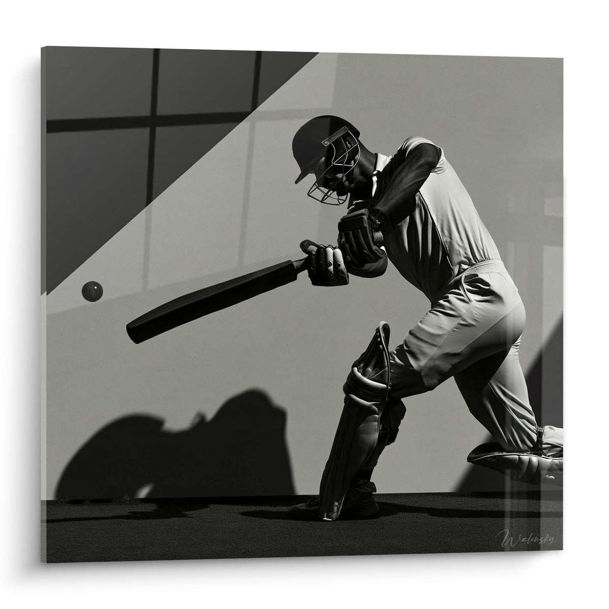 Batteur de cricket agenouillé, casque noir et tenue blanche, balle suspendue en vol