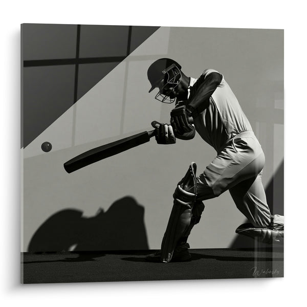 Tableau Batteur agenouillé en tenue blanche et casque noir - Instant suspendu - Edition Cricket
