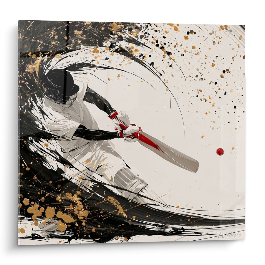 Tableau Batteur noir et doré au tourbillon d'encre - Balle rouge suspendue - Edition Cricket