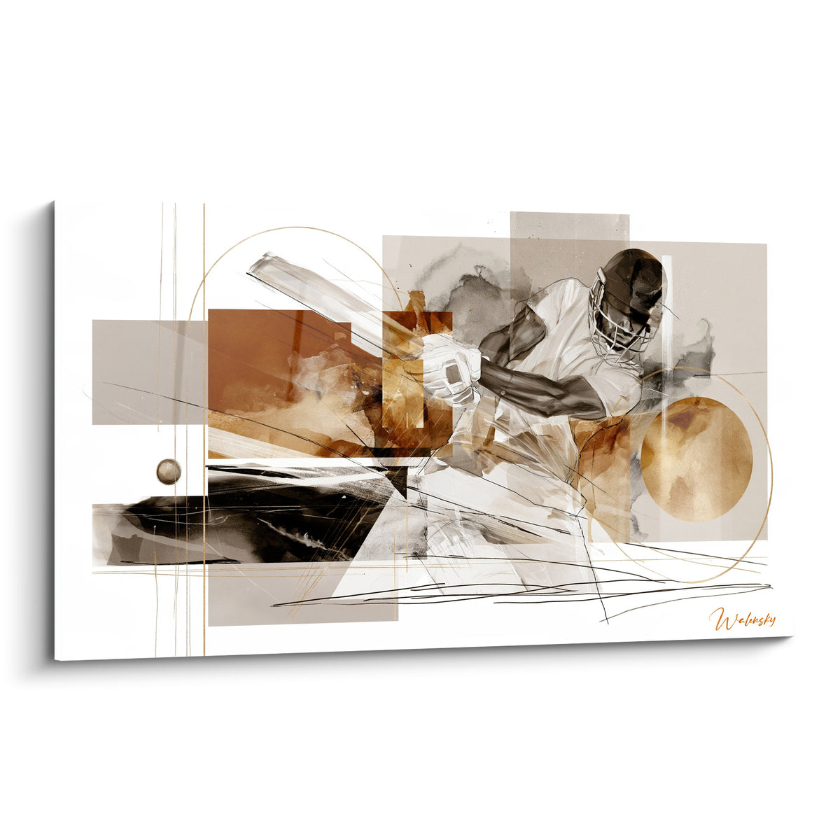 Batteur de cricket en action, tons ocre et anthracite, composition graphique abstraite sur fond blanc