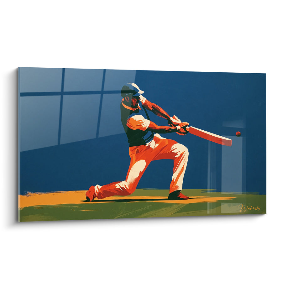 Tableau Batteur agenouillé orange et bleu genou plié - Silhouette casquée au vitrail - Edition Cricket