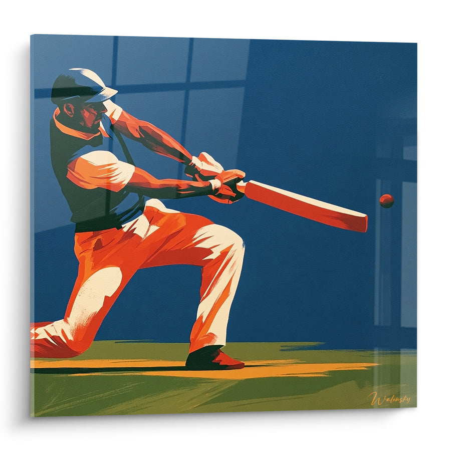 Tableau Batteur agenouillé orange et bleu nuit fenêtre - Genou au sol - Edition Cricket