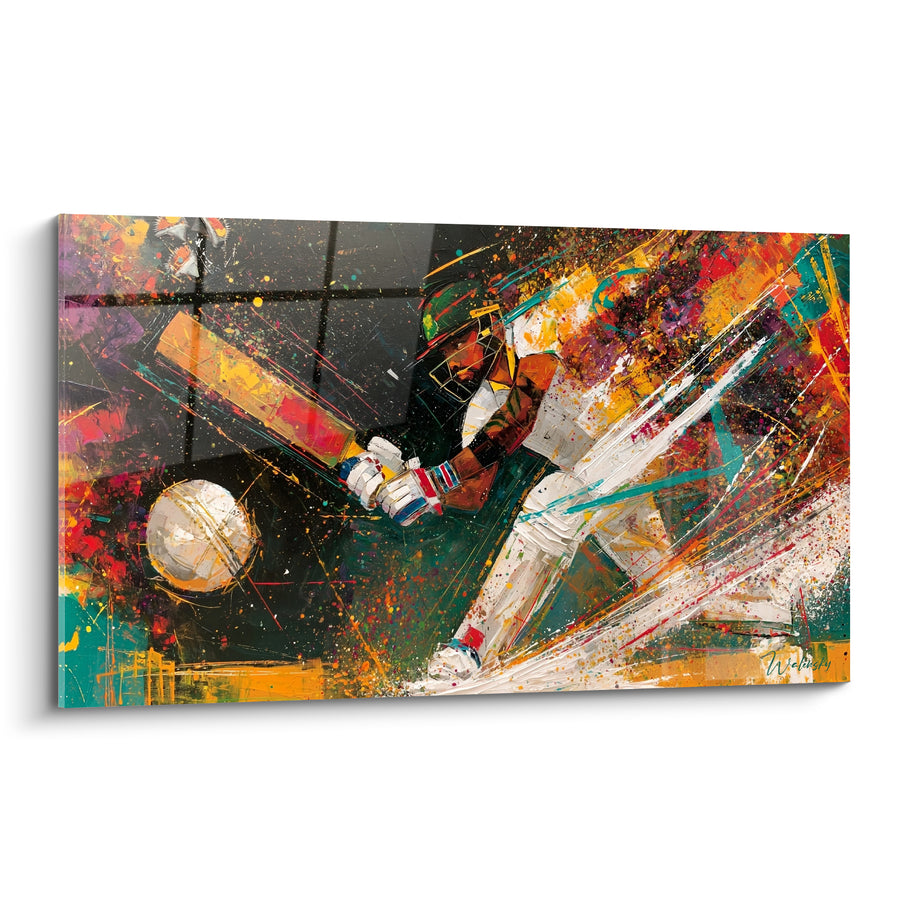 Tableau Batteur vert et blanc à balle dorée - Guichet aux barreaux sombres - Edition Cricket