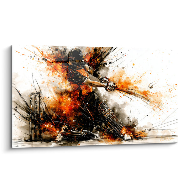 Tableau Batteur casqué orange et noir sur fond blanc éclaboussé - Guichet en arrière-plan - Edition Cricket