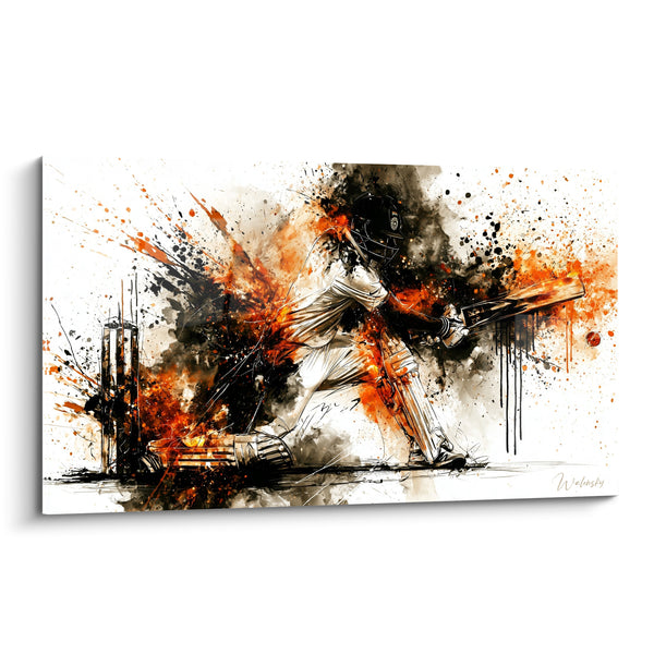 Tableau Batteur casqué noir et orange près du guichet - Coulures verticales sombres - Edition Cricket