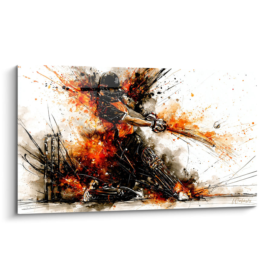 Tableau Batteur orange et noir en action - Instant de frappe - Edition Cricket