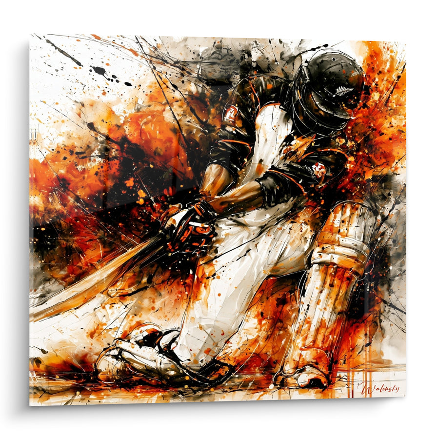 Tableau Batteur casqué en éclaboussures orange et noir - Fureur du batteur - Edition Cricket