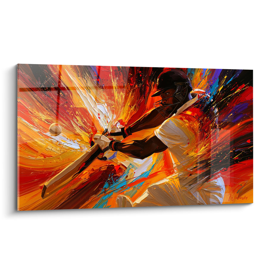 Tableau Batteur casqué rouge et orange à la balle blanche - Tourbillon de couleurs vives - Edition Cricket