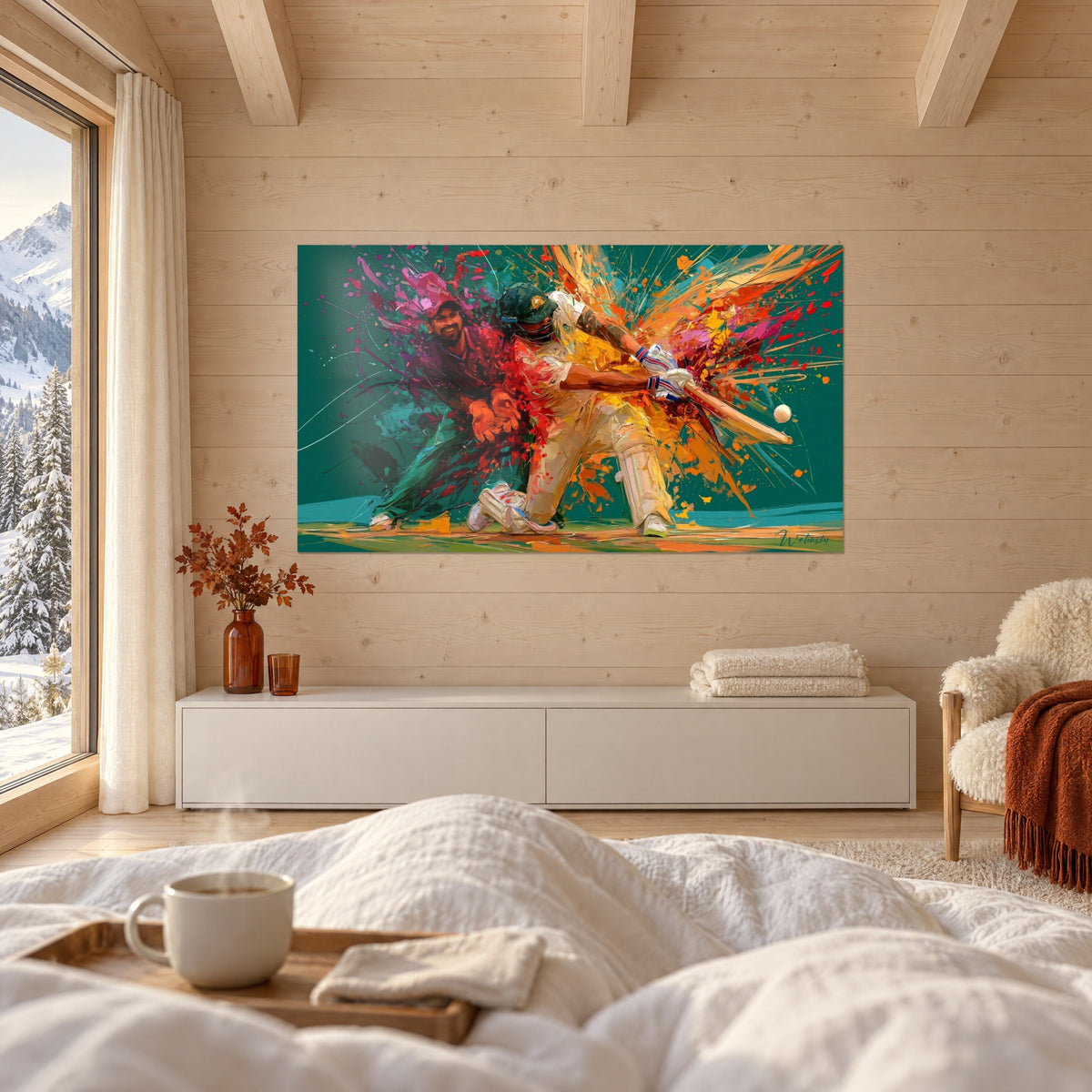 Schilderij gehelmde cricketbatter met witte handschoenen en opgeheven slagbat, oranje en magenta uitbarsting, boven een bed in een lichte slaapkamer