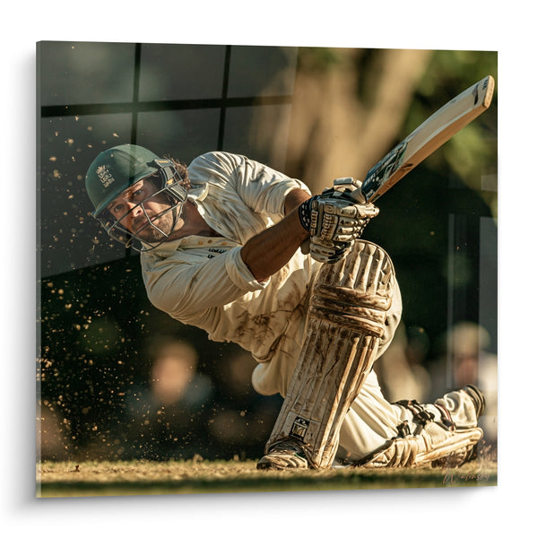 Tableau Batteur casqué vert et blanc genou terreux - Éclats de terre battue - Edition Cricket