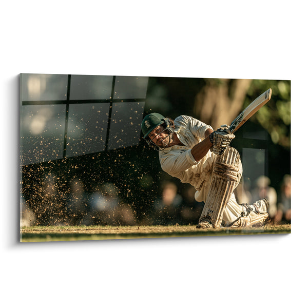 Tableau Batteur casqué vert et blanc genou fléchi - Terre projetée en gerbe - Edition Cricket