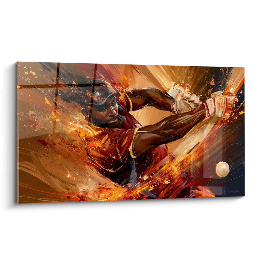 Tableau Batteur casqué rouge et ambre à la fenêtre sombre - Gants blancs rayés - Edition Cricket