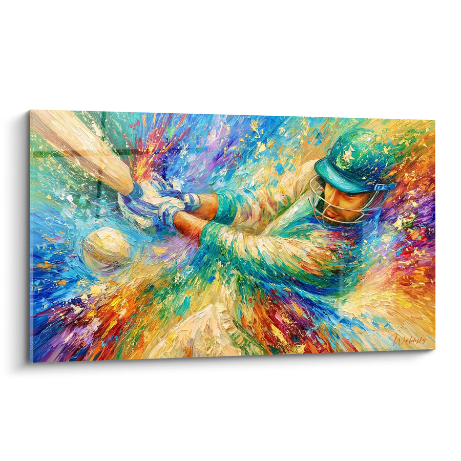 Tableau Batteur casqué turquoise et doré à l'étoile blanche - Balle beige rapprochée - Edition Cricket
