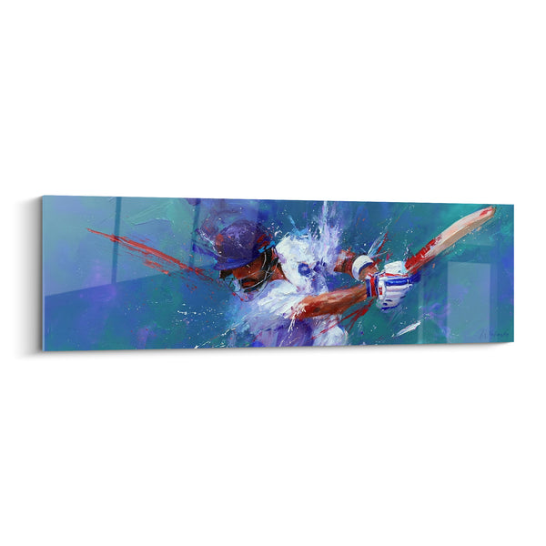Quadro Battitore con casco viola e turchese con scie scarlatte - Mazza chiara alzata - Edizione Cricket
