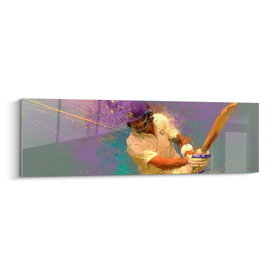 Tableau Batteur casqué violet et turquoise aux traits filants - Lignes dorées obliques - Edition Cricket