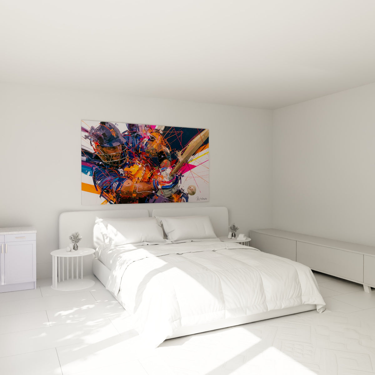 Sportif casqué en pleine action, touches orange et bleu marine, accroché au-dessus d'un lit dans une chambre claire