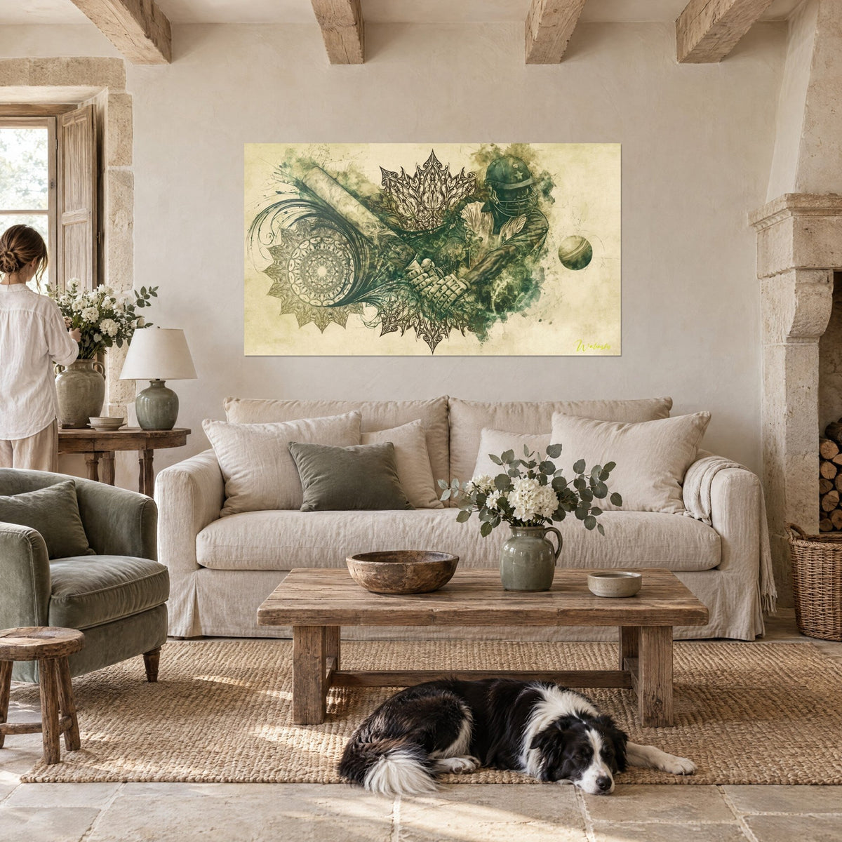 Gemälde eines Schlagmanns im Cricket mit Helm in Salbeigrün und Ocker, filigrane Mandalas, über einem Sofa in einem hellen Wohnzimmer