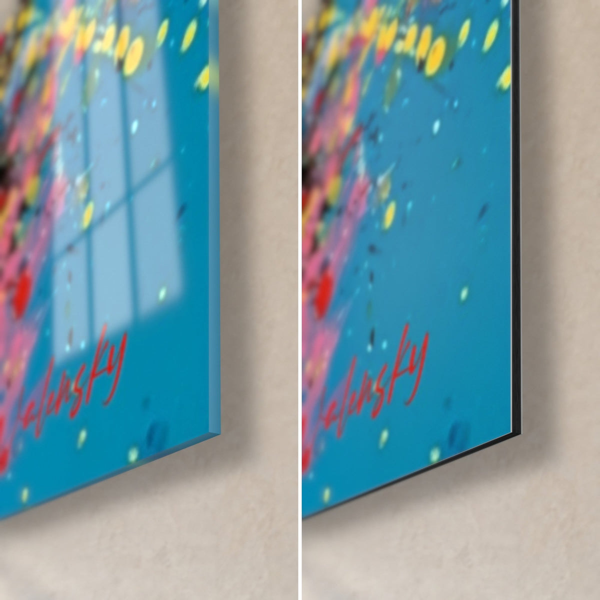 Tableau sportif au bâton de cricket, coin bas droit en bleu piqueté de jaune, verre brillant à gauche, Dibond mat et tranche de 3 mm