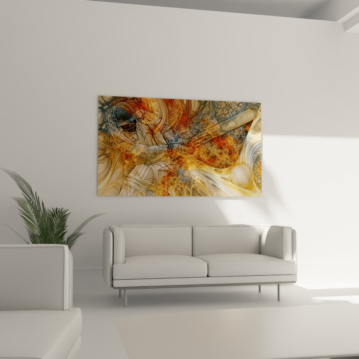 Coup de batte fractal ocre et bleu anthracite au-dessus d'un canapé dans un salon lumineux