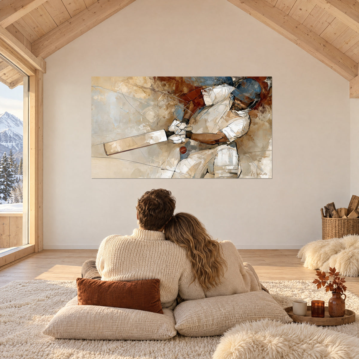 Wall art of a bat stroke in abstract painting in beige, rust brown and blue, facing an embracing couple on cushions in a chalet