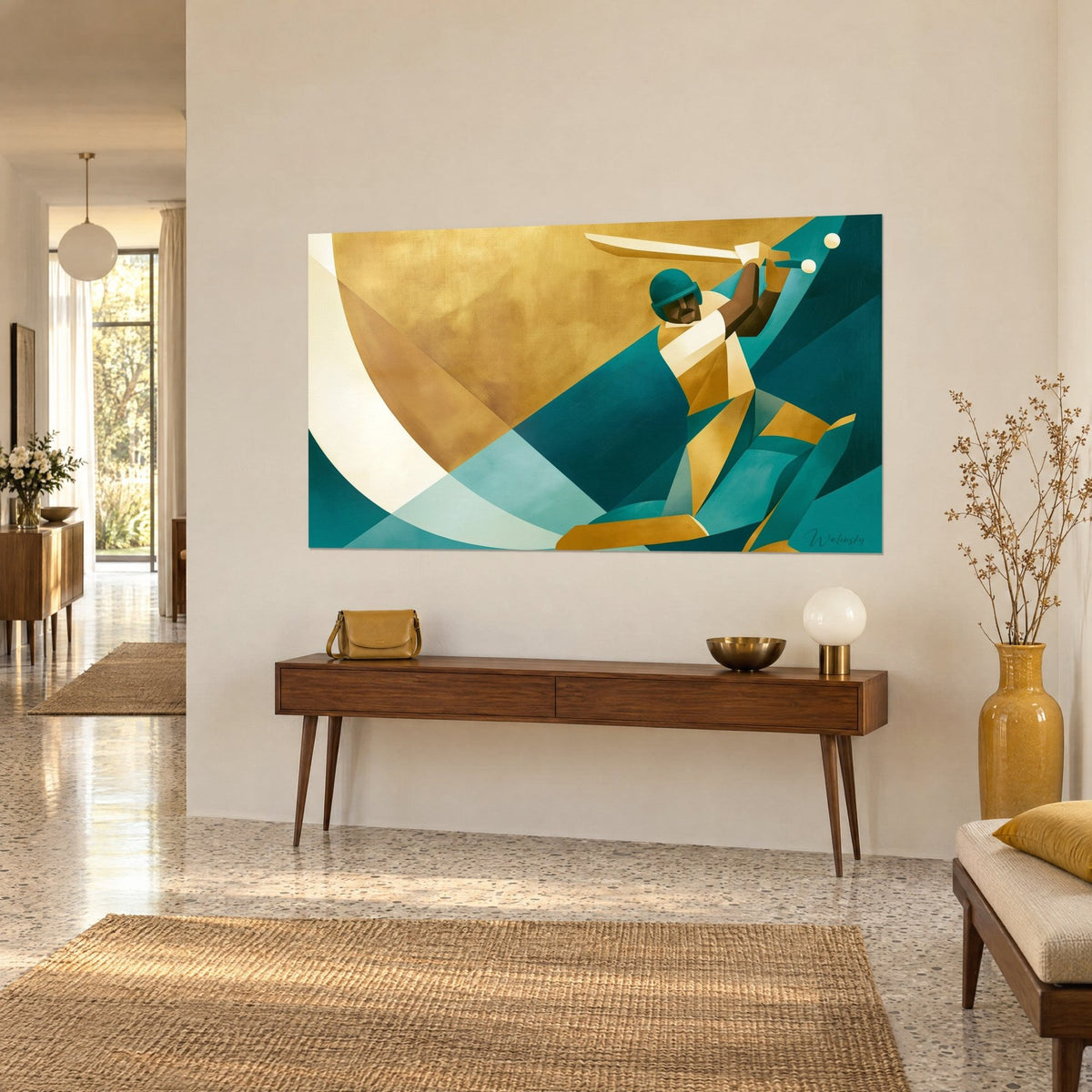 Tableau joueur de cricket en plein swing, maillot ocre et casque turquoise, arc ivoire géant, sur un meuble bois en entrée