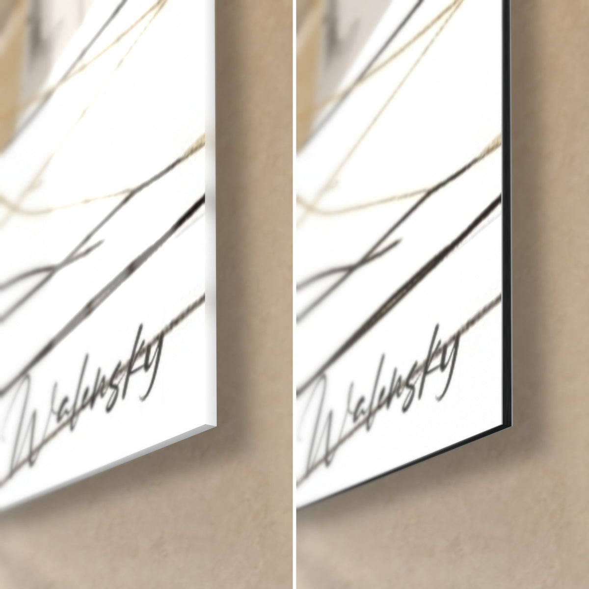Tableau batteur de cricket, coin bas droit : signature Walensky sur fond blanc, verre brillant à gauche, Dibond noir mat à droite