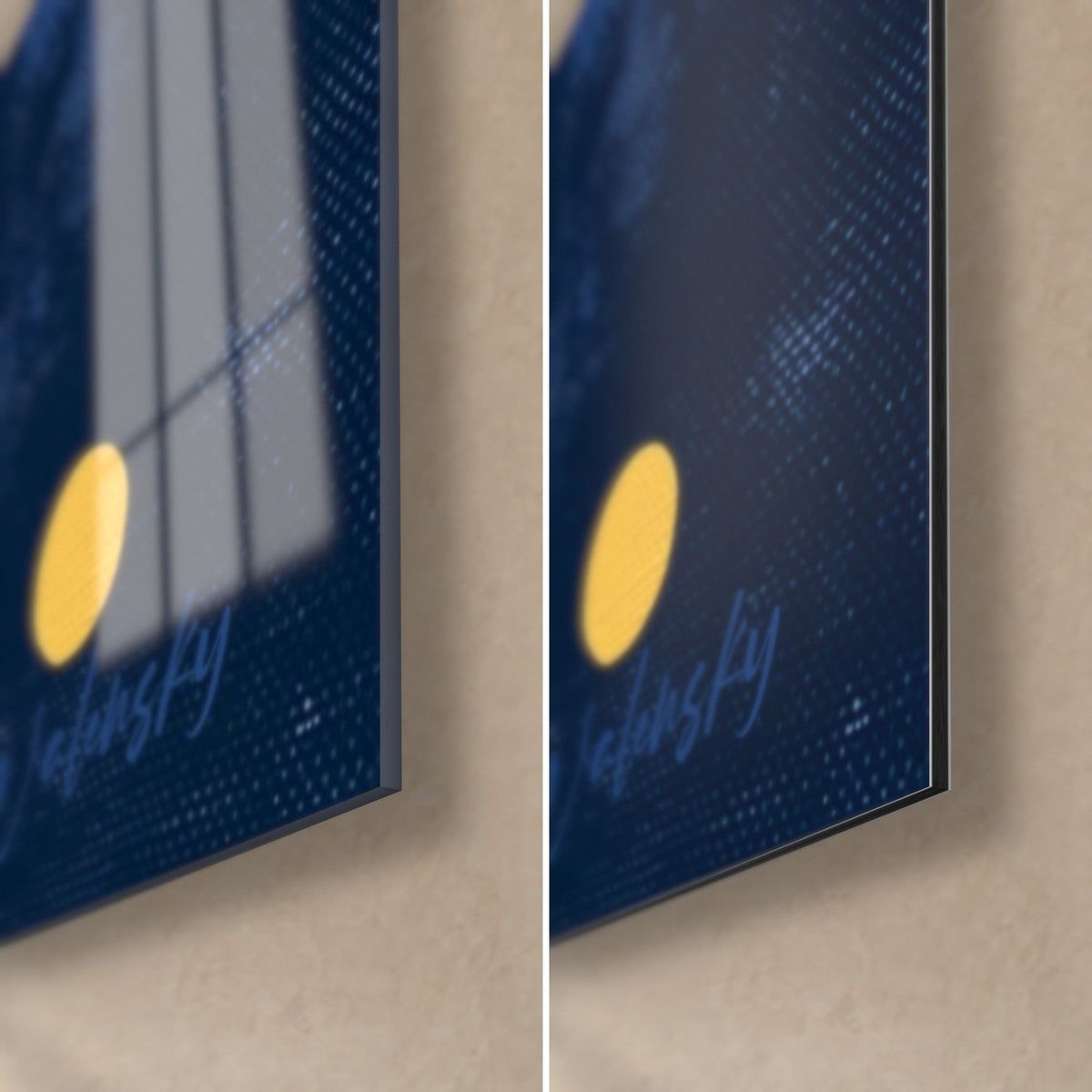 Tableau batteur de cricket bleu et jaune, coin bas droit : verre brillant et reflets à gauche, Dibond mat à droite, tranche fine