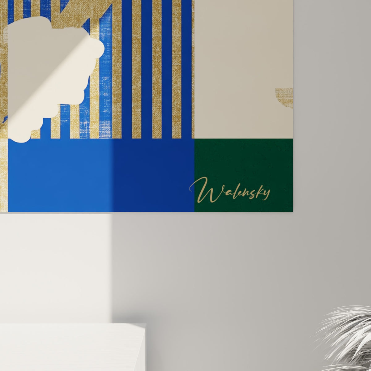 Détail de l'impression du batteur cricket montrant la texture dorée et les blocs bleu marine tranchés