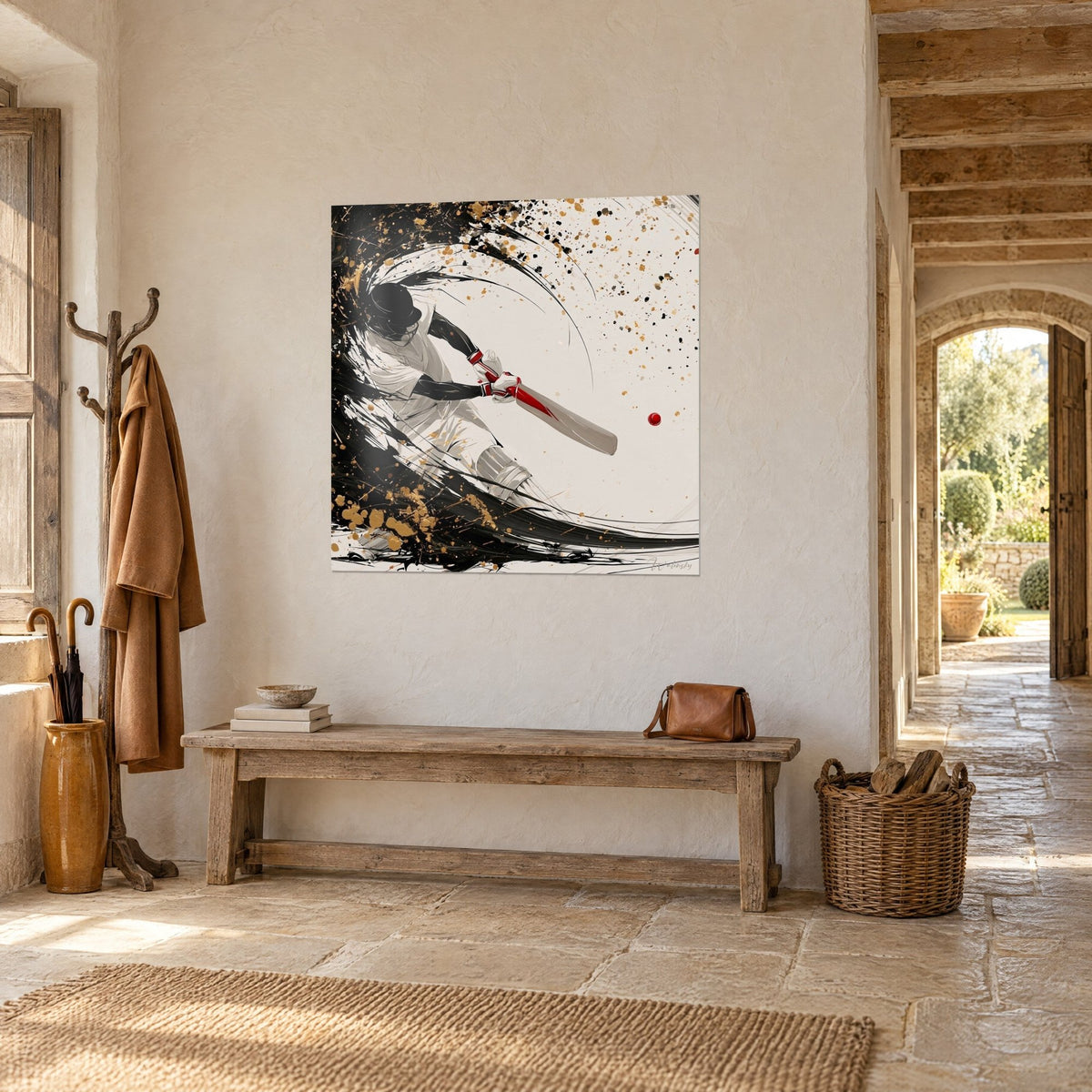 Quadro giocatore di cricket in pieno swing, guanto rosso sulla mazza, vortice di inchiostro nero e pagliuzze dorate, vista a tre quarti nell'ingresso