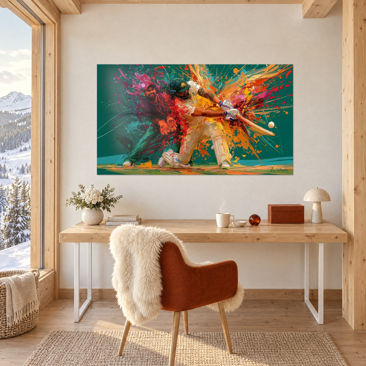 Schilderij sportief cricket-tafereel in gespatterde verf, witte bal, petrolkleurige achtergrond en rode verfstralen, boven een licht bureau in de chalet