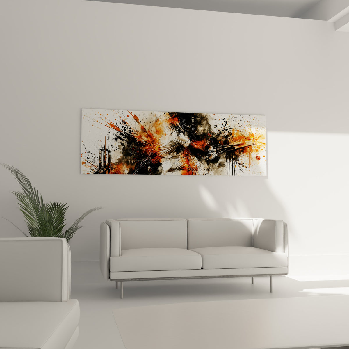 Tableau joueur élancé en tenue blanche, batte de bois et encre noire, guichet à gauche, en entrée de chalet