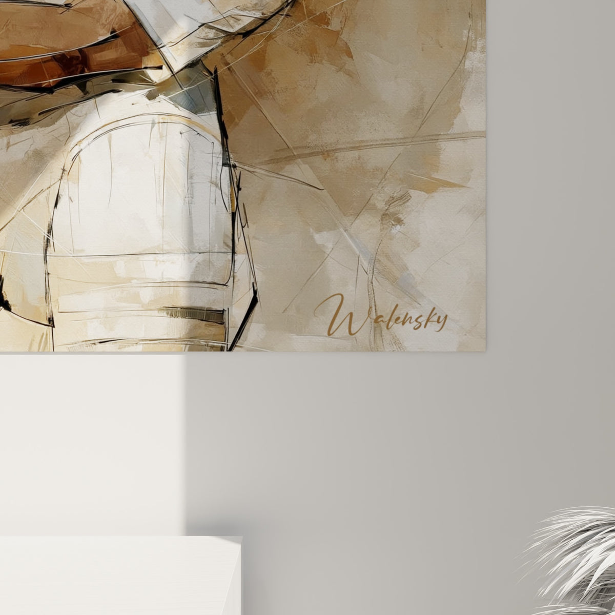 Wall art of a helmeted cricket player in beige and blue, bottom right corner: glossy acrylic glass on the left, matte Dibond aluminum on the right