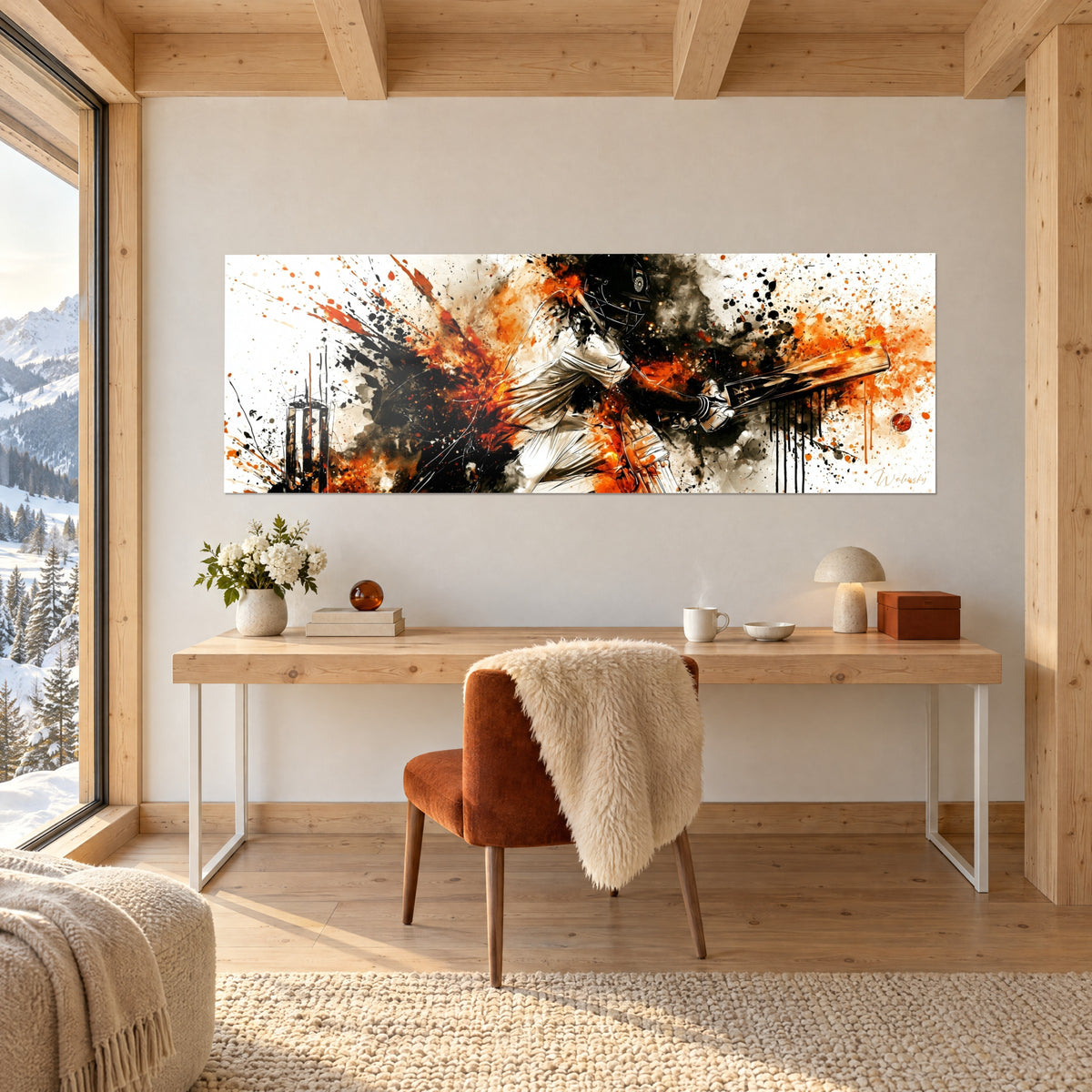 Wall art explosive cricket scene, white kit and black and orange ink, drips beneath the bat, facing a wooden desk