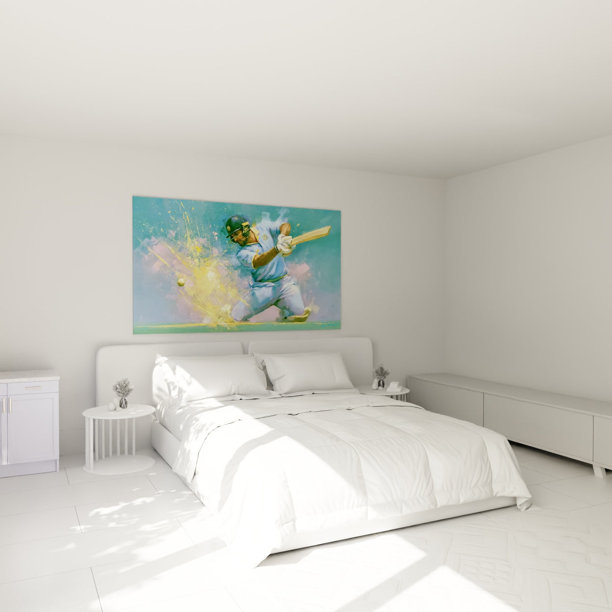 Joueur de cricket doré et bleu pastel accroché au-dessus d'un lit dans une chambre claire