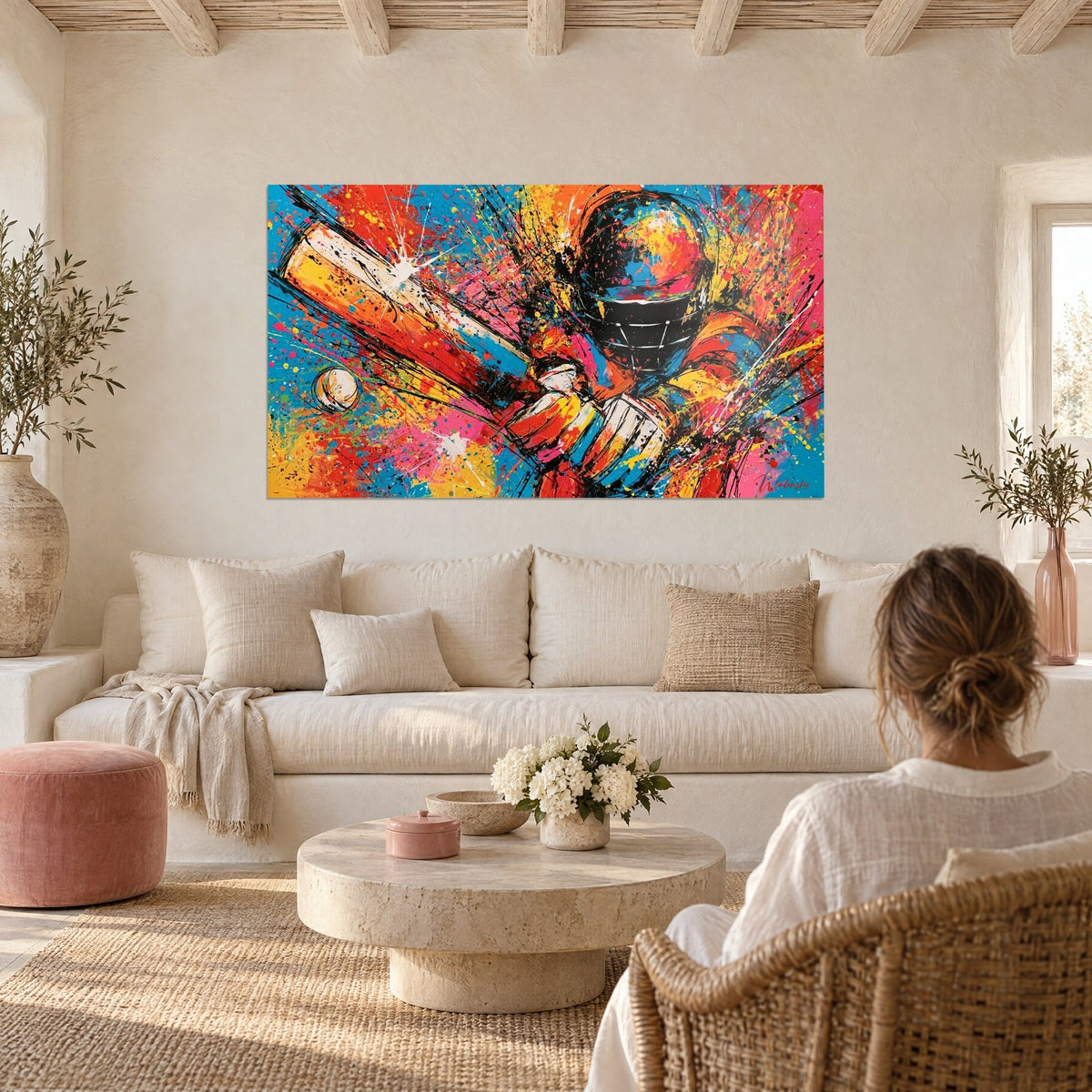 Tableau batteur casqué en éclaboussures rouges, bleues et jaunes, battes blanche et orange, au-dessus d'un canapé dans un salon lumineux