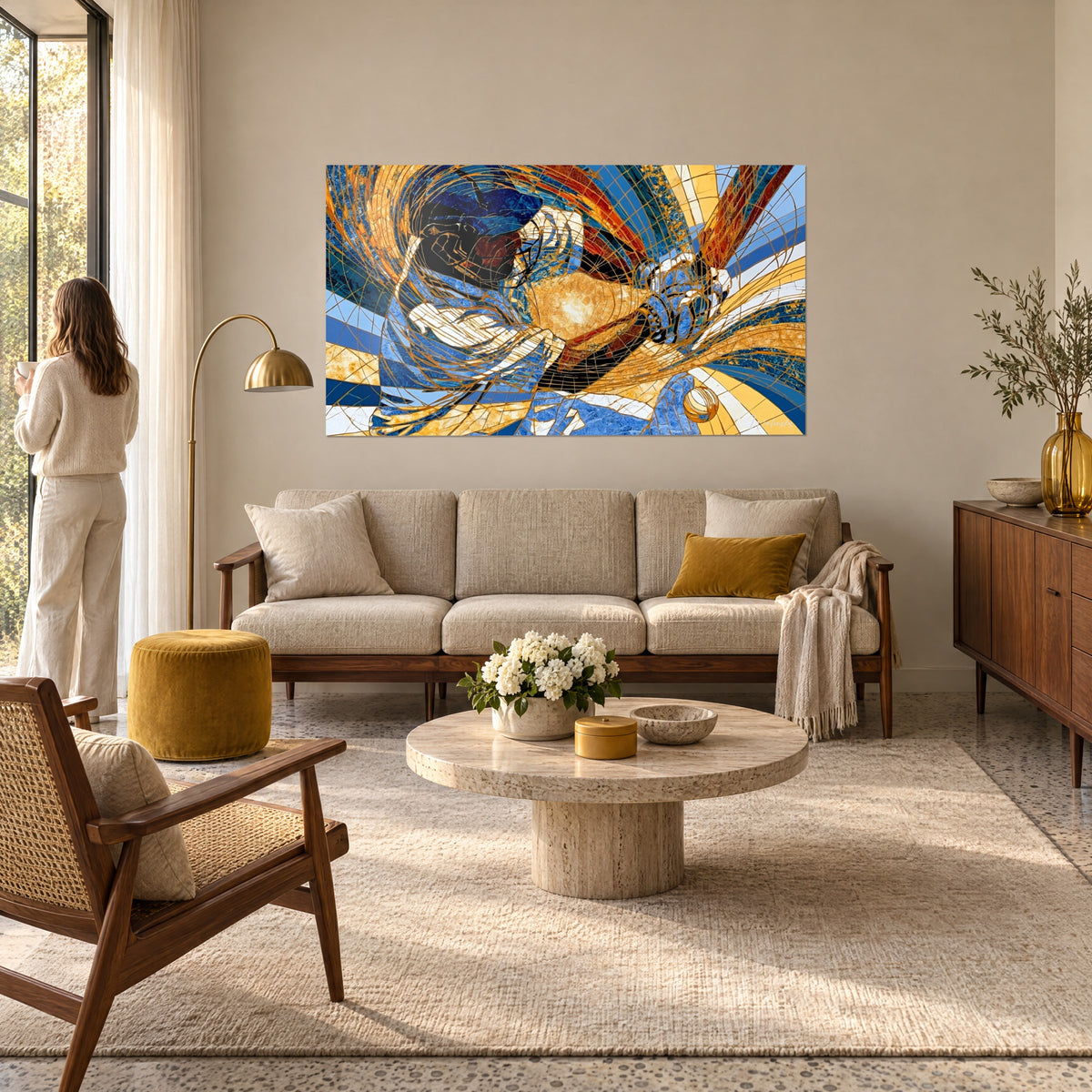 Wall art of a helmeted batter in cobalt blue and gold mosaic, bat raised in russet brown, above a sofa in a bright living room