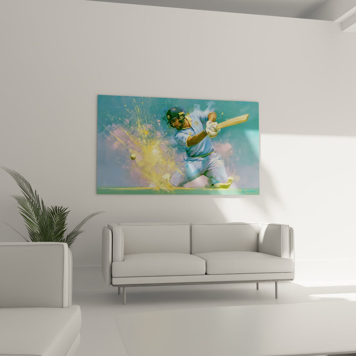 Scène de cricket éclatante en jaune doré et bleu ciel au-dessus d'un canapé dans un salon lumineux