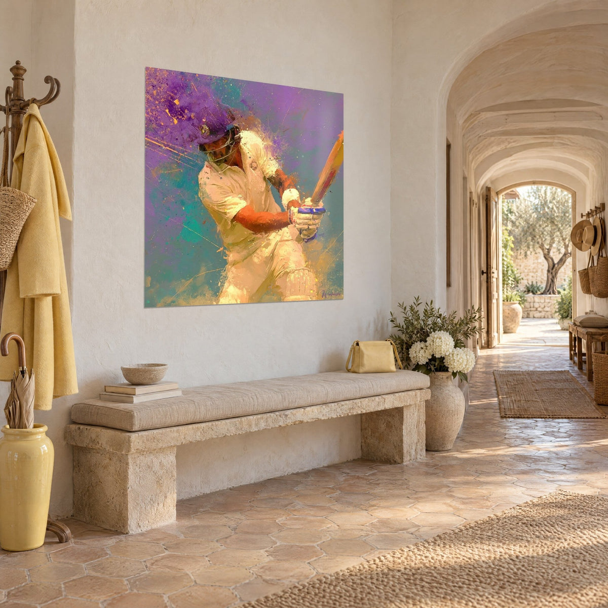 Wall art cricket player in a purple helmet with a golden bat, turquoise background, three-quarter view in a vaulted corridor of a Provençal farmhouse