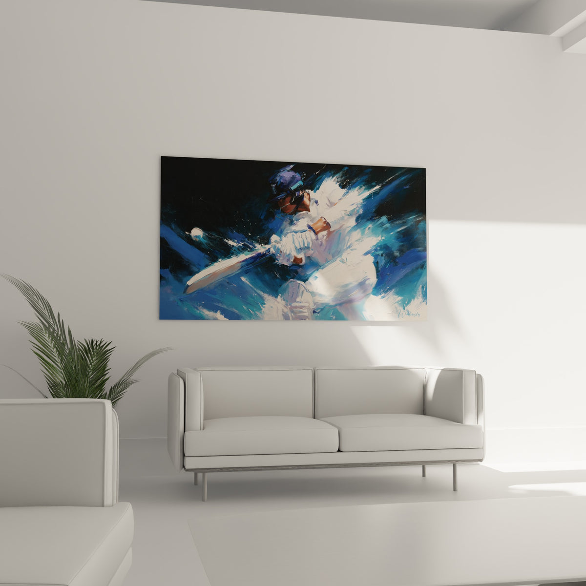 Athlète en tenue blanche frappant la balle sur fond turquoise et anthracite, au-dessus d'un canapé dans un salon lumineux