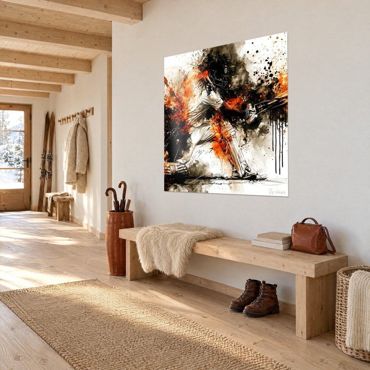 Tableau batteur casqué en fente avant, éclats orange et taches noires sur fond blanc, sur le mur d'une entrée en bois clair