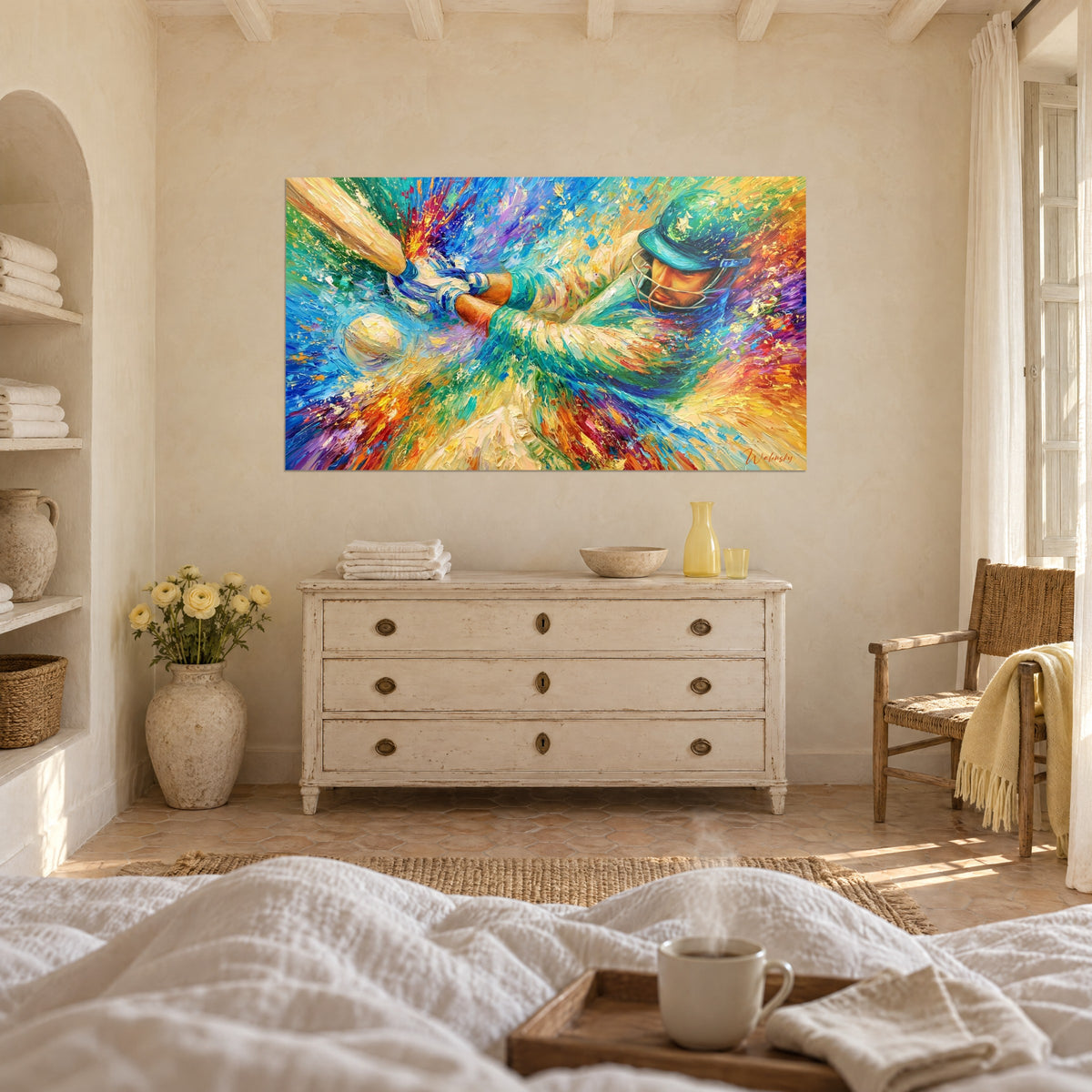 Schilderij slagman in turquoise en crèmekleurige kleding, beige bal omringd door gele en blauwe toetsen, boven een bed in een lichte slaapkamer