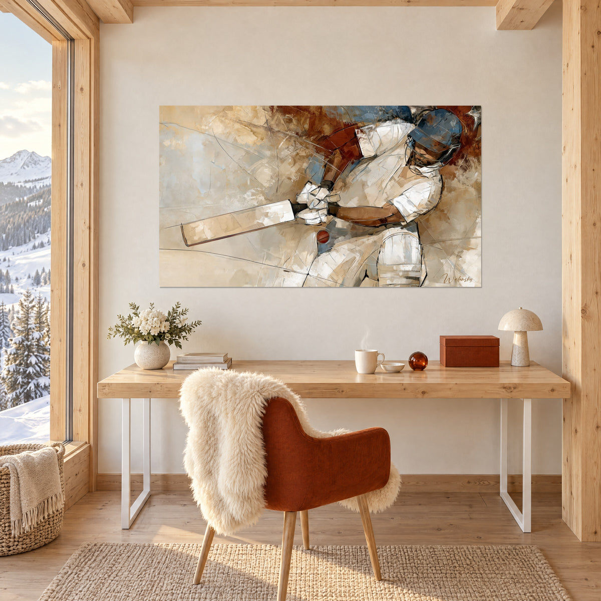 Wall art of a cricket sports scene with intertwined black lines in blue and cream tones, on the wall of a bright office next to a rust-colored chair