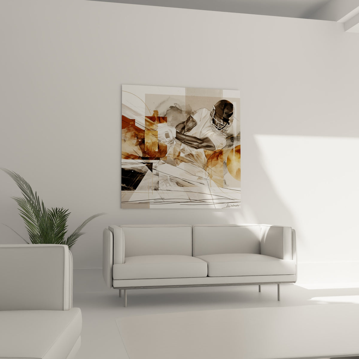 Sportif casqué frappant la balle, palette ocre et grise, disposé au-dessus d'un canapé dans un salon lumineux