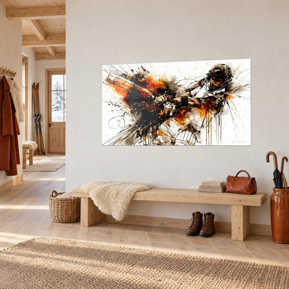 Quadro di un battitore con casco nero che colpisce la palla, getti di inchiostro arancione e marrone, sulla parete bianca dell'ingresso di uno chalet